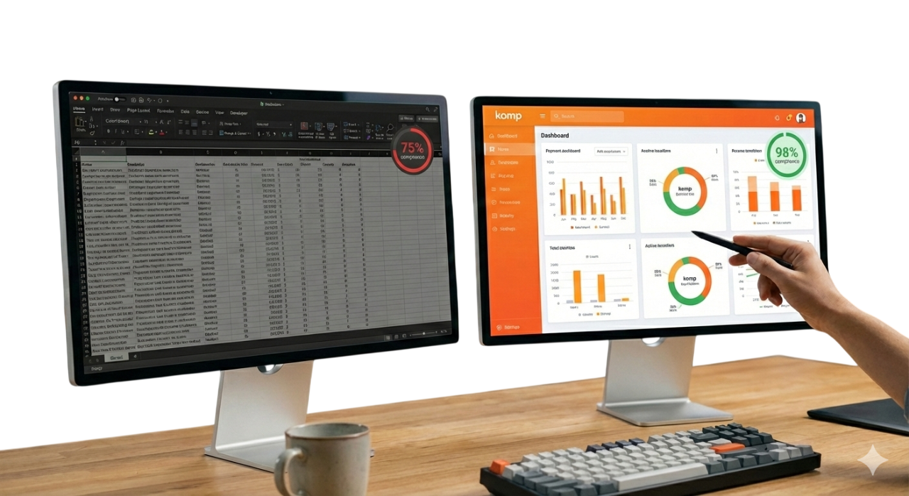 Hands holding a tablet displaying modern data analytics dashboard